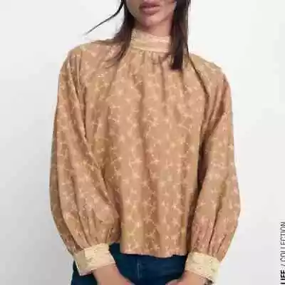 Zara Vintage Embroidered Romantic Blouse XS Brown Embroidered Crochet Long Sleev • $18.02