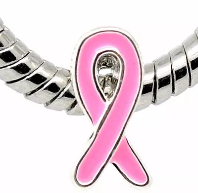 BREAST CANCER SILVERTONE PINK RIBBON CHARM Enamel Slide Bracelet Silver Gift UK • £3.50