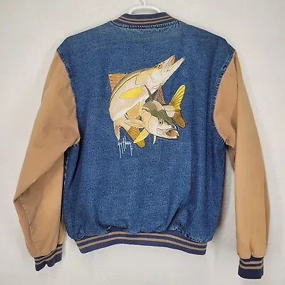 Vintage TSF Denim Jacket Embroidered Guy Harvey Fish Mens Large Varsity • $29.73