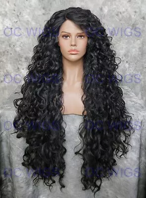 Extra Long Full Spiral Curls Heat OK Lace Front Human Hair Blend Wig Jet Black • $92.85