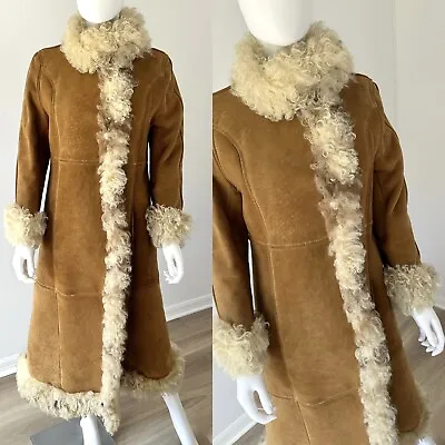 Vintage Penny Lane Style 70s Coat 100% Mongolian Fur Trim Suede Sherpa • $167.99