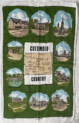 Vintage Irish Linen Tea Towel Cotswold Country Town Scenes Map Green Ulster • £6