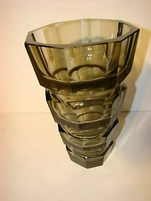 VTG Czech  Moser Faceted  Cut Crystal Josef Hoffman Smoky Topaz Vase 10 Inch • $69.99