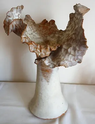 £22.50 • Buy Unusual Studio Pottery Splayed Neck Vase, Incised Name, Beige & Brown, Impressed