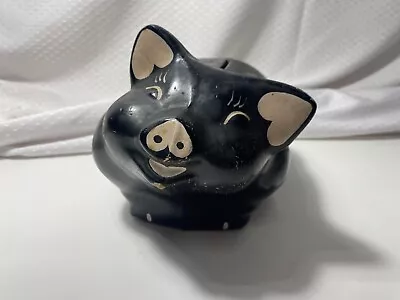 Vintage Piggy Money Bank Black Hog Hand Painted Plaster No Stopper Cute • $24.99