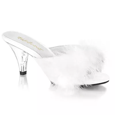 PLEASER Sexy White Marabou Feather Slippers 3  Heels Bedroom Shoes BEL301F/WPU • $45.95