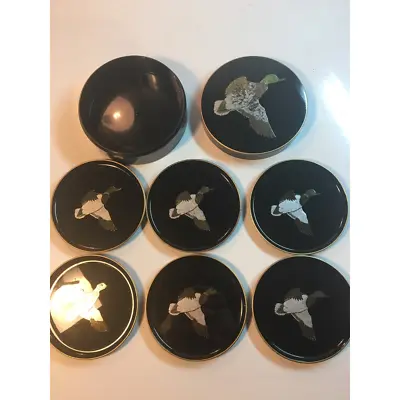 Vintage Otagiri Coasters Black Lacquerware Holder Duck Mallard Set Of 6 • $18.99