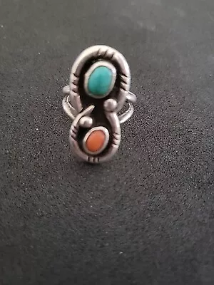 Vntg Navajo Silver Turquoise & Coral Ring Size 7 • $34