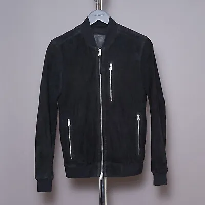 All Saints KEMBLE Suede Leather Jacket XS Mens Black Bomber Moto EXTRA SMALL • £179.99