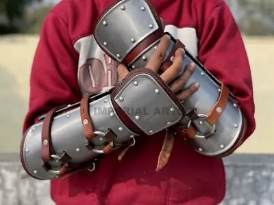 Medieval Steel&Leather Bracer Viking Battle Gauntlet Gloves Retro Buckle Strap • $155.20