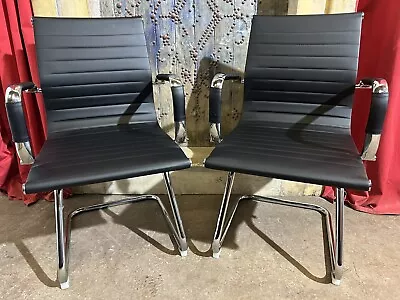 Pair Of Eames ICF EA Style Black Leather Desk Office Boardroom Chairs • £119