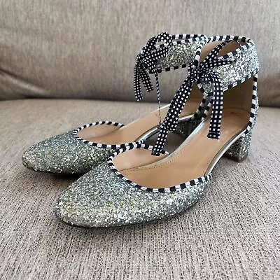 J. Crew Silver Glitter Sparkle Kitten Heel Tie Shoes Sz 7 • $53.97