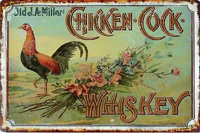 Old J A Miller Chicken Cock Whiskey Tin Sign 8 X 12 ALL Metal • $12.95