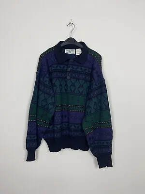 Vintage 90s Knit Jumper Abstract Pattern Cosby Sweater Global Basics Pullover • £21.99