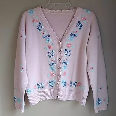 Vintage Granny Core Embroidered Cardigan Sweater Pearl Beads Size M • $32