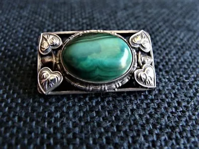 Antique Sterling Silver & Malachite Arts & Crafts Brooch • $85