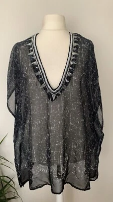 £7 • Buy Ocean Club Black Sheer Beach Cover Up Kaftan Embellished Neck Size 18-20