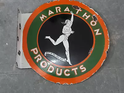 Porcelain Marathon Enamel Sign 18x18 Inches Double Sided With Flange • $189.99