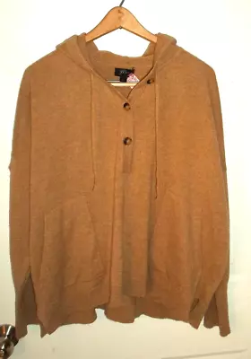 J.CREW Sz Large 100% Cashmere Henley-Style Hoodie Camel-Color Pockets Oversized • $79.50