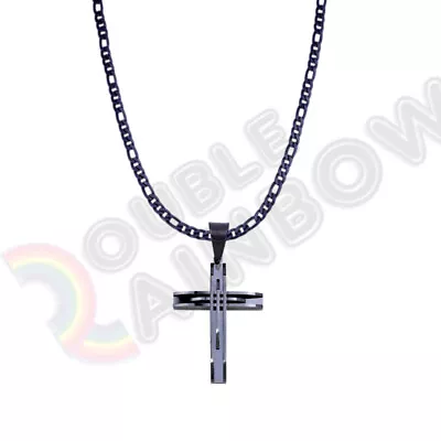 Men Stainless Steel Cross Necklace Pendant 18-36  Figaro 3mm-12mm Chain 24P02 • $16.98