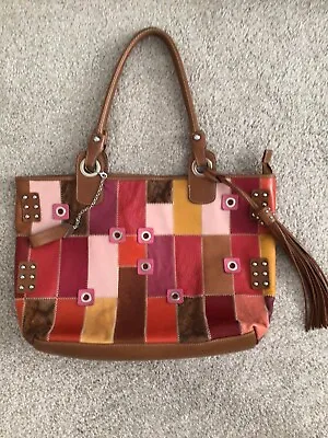 Aqua Madonna Multicolor Leather Patchwork Tote Bag Laptop Shoulder Bag L-XL EUC • $14.99