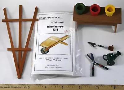 LOT Dollhouse Miniature Wood Wheelbarrow KIT Trellis Bench Garden Tools 1:12 • $20.99
