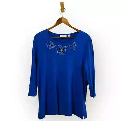 Quacker Factory T-Shirt Size Large Blue Butterfly Rhinestone Splash 3/4 Sleeve  • $22.98