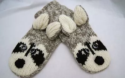 Special Edition DeLux Tag Adult RACCOON MITTENS Gray LINED Mask Knit Grey Gloves • $29.99