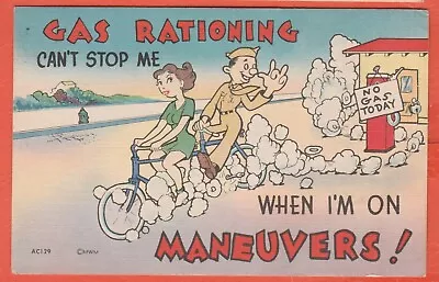 Comic Military Pc/ Soldier Riding On Back Of Bike/girl In Front/gas Rationing • $0.83