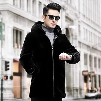 Mink Coat Men's Fur Coat Hooded Mink Fur Velvet High-end Fur Mid Length Jacket • $120.89