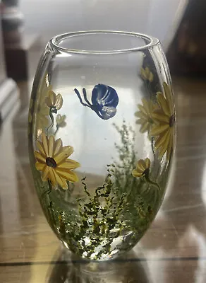 Vintage Glass Vase Hand Painted Relief Floral Garden Butterfly 3” MINIATURE • $21.99