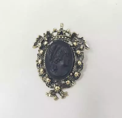 Black Glass Mourning Cameo Pendant Brooch • $15