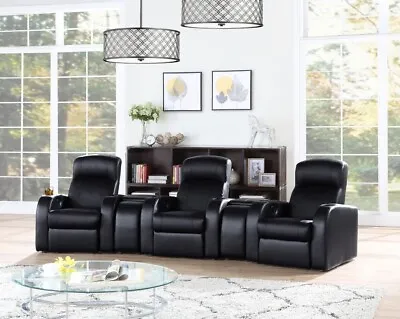 Black Top Grain Leather Match 3 Recliner 2 Consoles Theater Seats Furniture Set • $1899