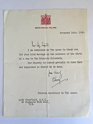 1948 Letter BUCKINGHAM Palace QUEEN Sec. ELIZABETH Birth CHARLES Lady CROSFIELD • £180.71