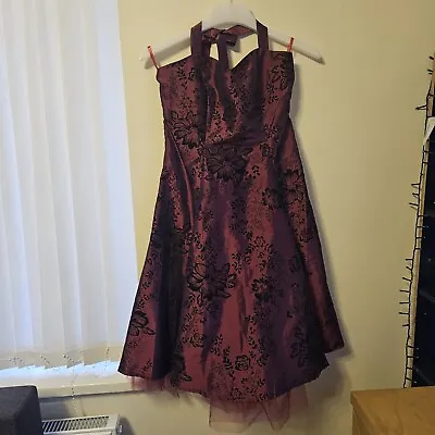 Dress190 Purple Satin Dress Black Floral Flock Size 12 UK Retro 50's • £30