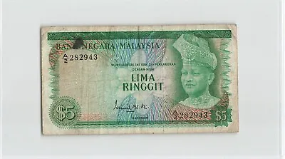 MALAYSIA $5 Ringgit 1967 P-2 2nd Prefix A/2 282943 Circulated.  Gabenor. A2 • $49