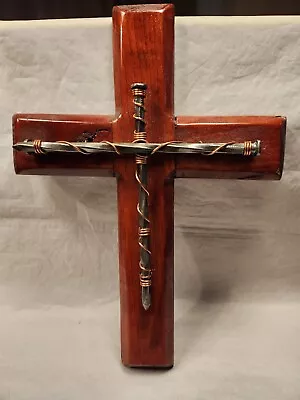Handmade Folk Art Wood Crucifix Cross With Spikes Nails Wrapped Copper Wire  • $20