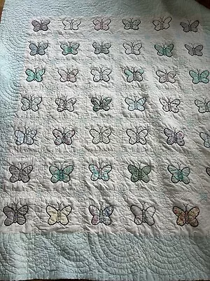 Butterflies Appliqued & Embroidered Vintage Quilt Aqua Border Hand Quilted Vtg • $86.98