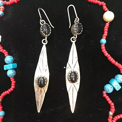 Southwestern Onyx Sterling Silver Unsigned Abstract Feather Boho Artisan VTG 2” • $47