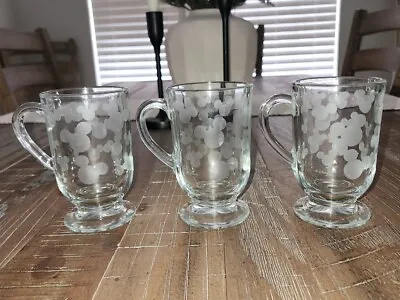 Vintage Set Of 3 Walt Disney Mickey Mouse Etched Footed Glass Mugs • $9.99