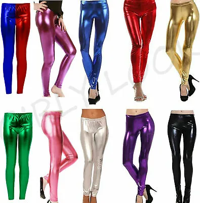 Ladies Foil Shiny Leggings Disco Dance American Stretch PVC Wet 80s Look  • £8.49