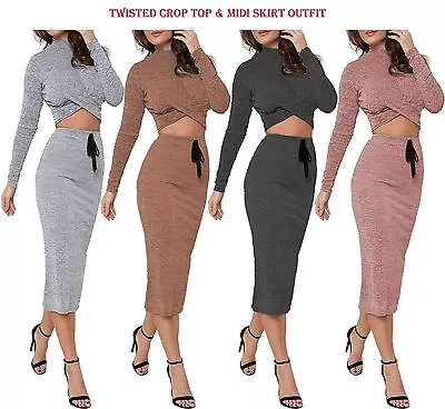 Womens Knitted Long Sleeve Polo Neck Twist Front Crop Top Midi Skirt Co-Ord Set • £9.99