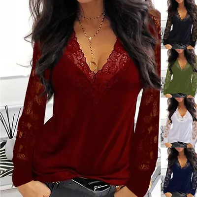 Ladies Long Sleeve Lace Blouse Tops Women Solid Tee V-Neck Casual Loose T Shirts • £10.80