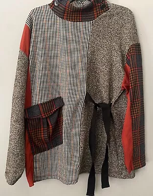 ZARA WOMAN ASYMMETRICAL PATCHWORK TOP PLAID SWEATER TUNIC MOCK Large • $19.99