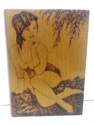 Vintage 1940s CUTIE SEXY GIRL Wood Burned Cigar Storage Box FOLK ART • $50