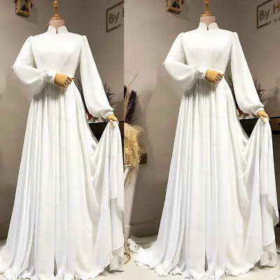 Elegant Muslim Wedding Dresses Ivory Long Sleeves Chiffon A Line Bridal Gowns • $109.46