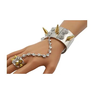 Women Silver Metal Hand Chain Gold Spikes Bracelet Ring Biker Studs Statement • $13.49