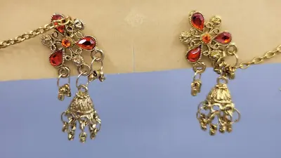 Vintage Gold Tone Belly Dance Gypsy Orange Rhinestone Earrings W/ Hair Chain • $15