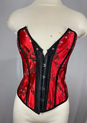 Red Satin Corset Front Lace-Up Burlesque Halloween Gothic Cocktail M • $24.99