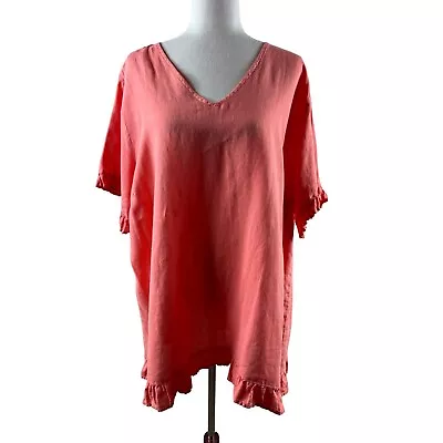 La Fixsun Linen Short Sleeve V Neck Top With Ruffle Size XL Coral Pink Boho USA • $29.99